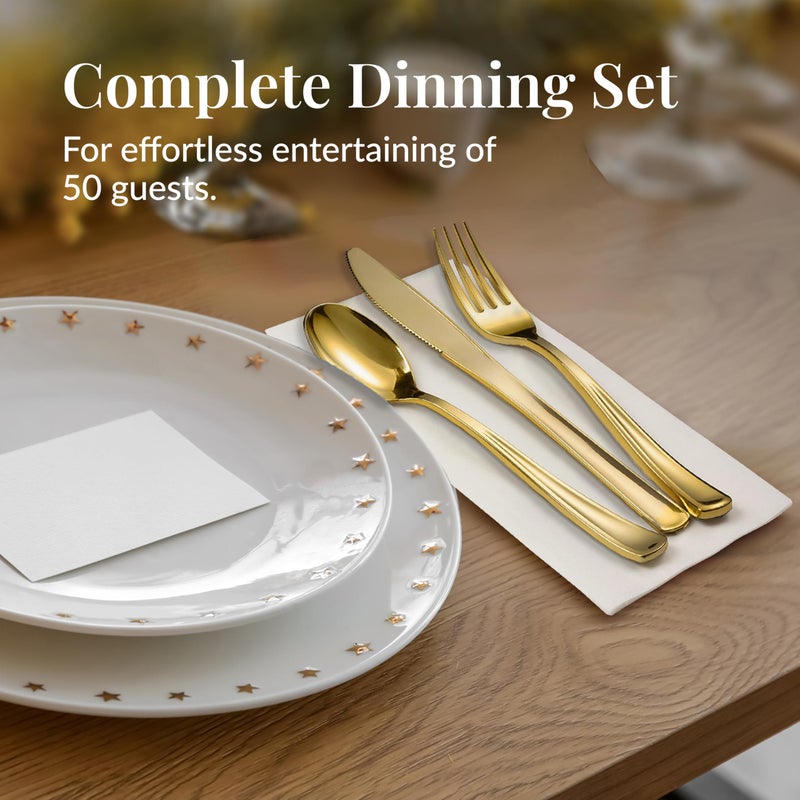 Prestee 200 Piece Gold Plastic Silverware Set for 50 Guests - Premium Pre Rolled Cutlery Set with Napkins - Elegant Disposable Silverware with Forks, Knives, and Spoons for Weddings and Thanksgiving - Image 4